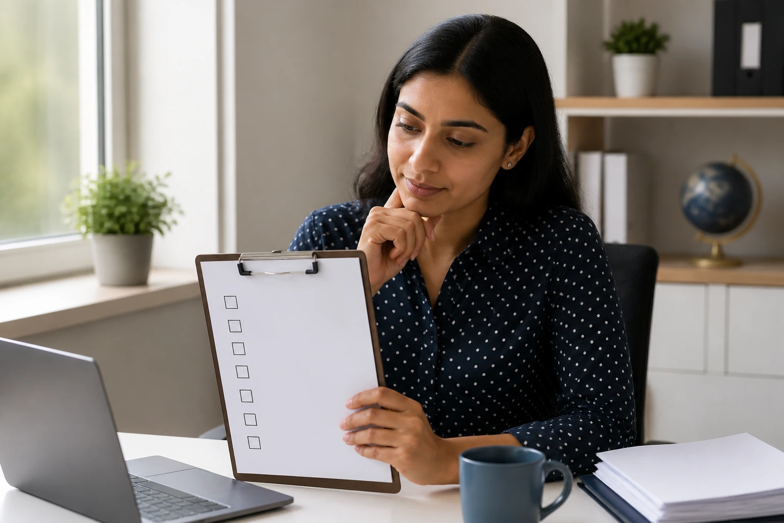Person reviewing a blank checklist at desk