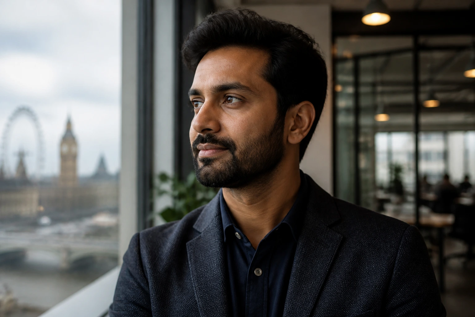 Close-up portrait of a professional in a modern office, representing transition to permanent residency