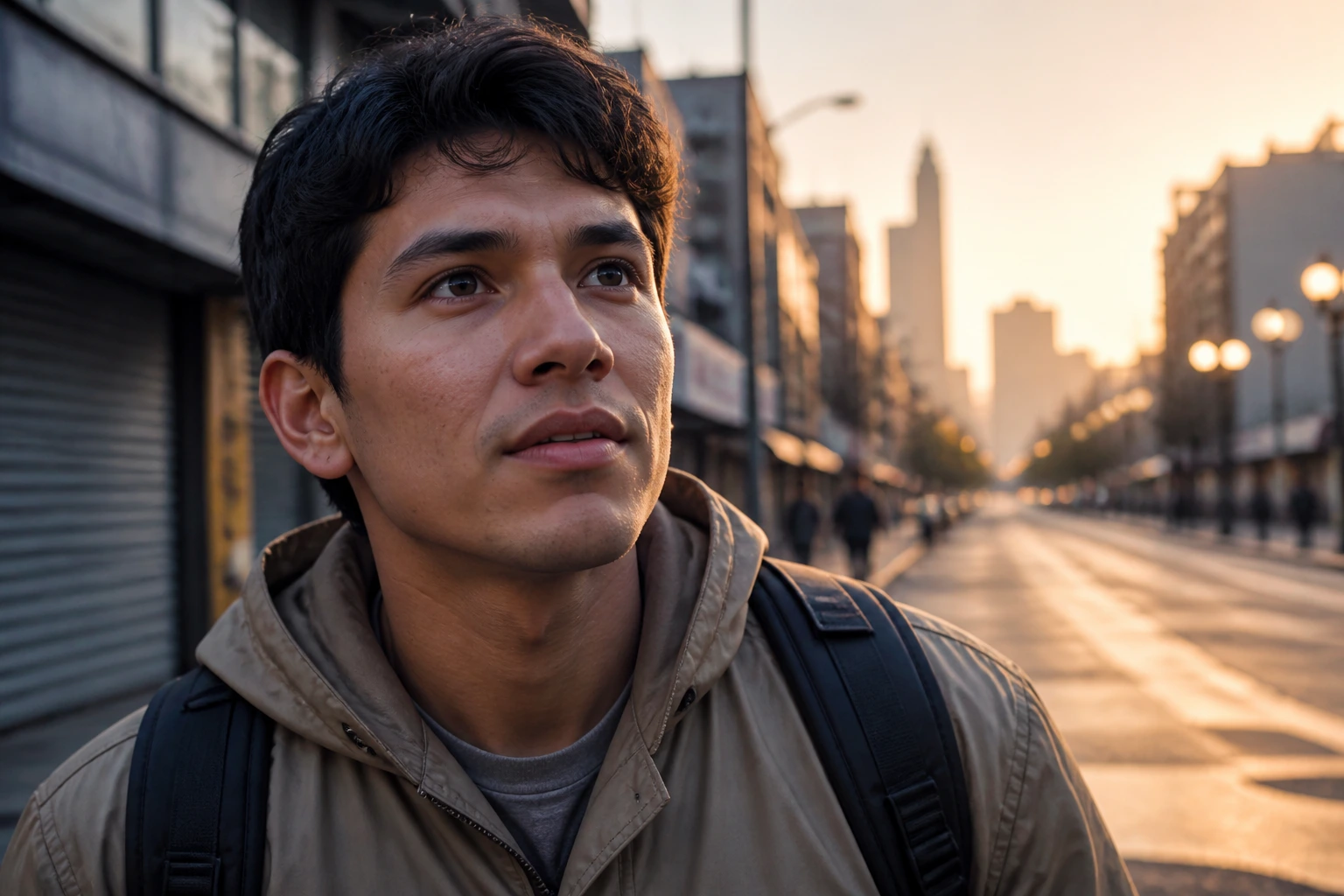 Close-up portrait of a new immigrant during early arrival weeks in a city, hopeful and determined