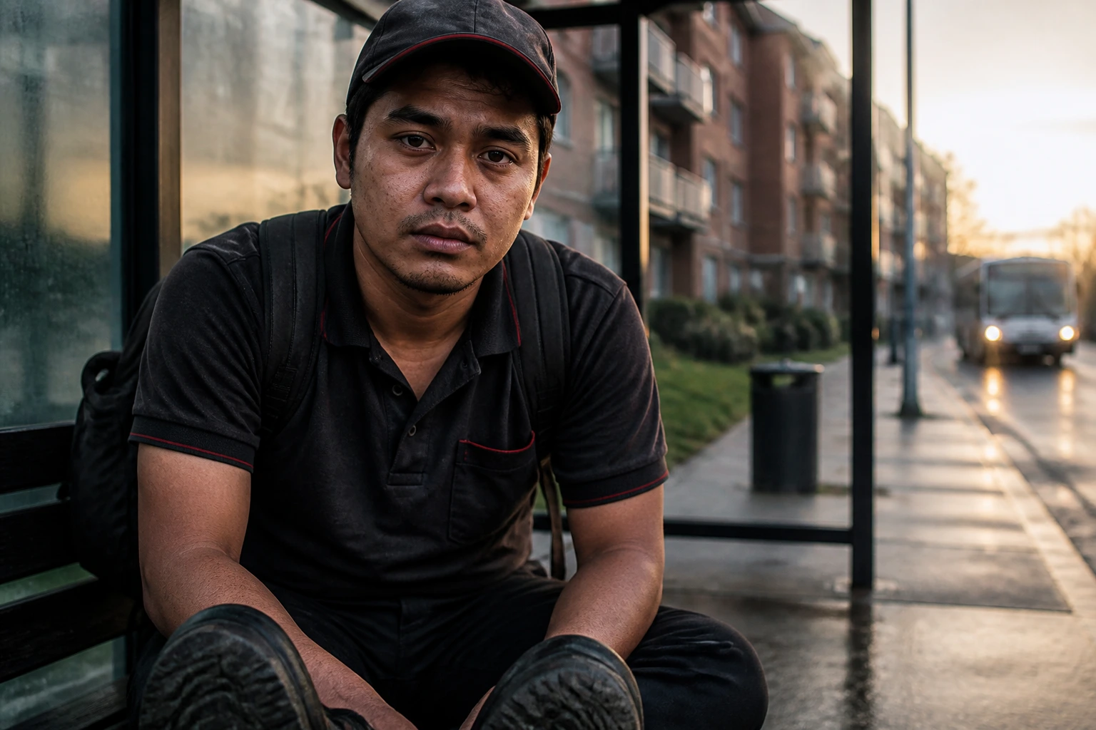 Close-up portrait of a tired immigrant worker at a bus stop, representing fatigue after arrival