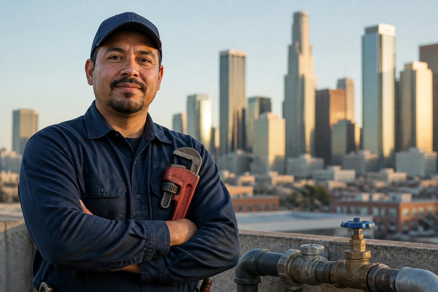 Plumber in uniform with city skyline backdrop representing sponsor-rich markets