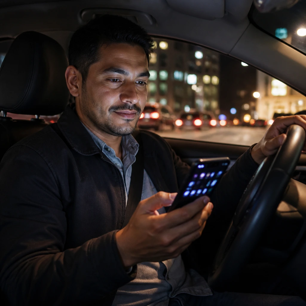 Diverse immigrant rideshare driver in car at night, phone glowing with app icons, city lights outside.