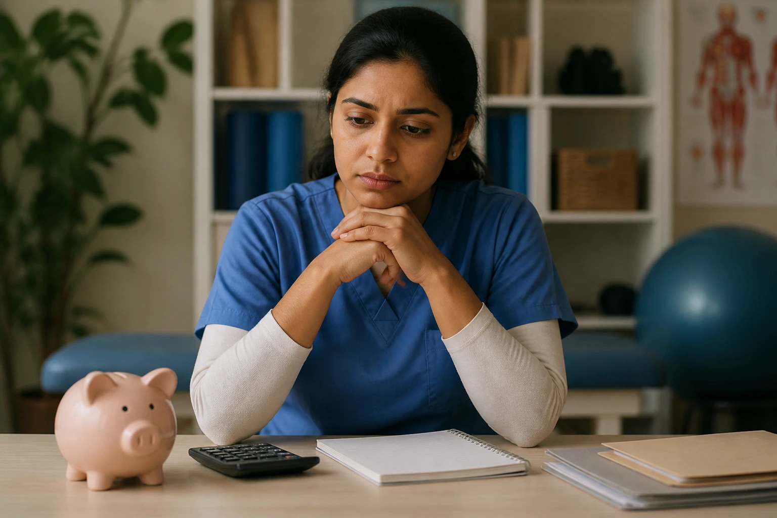 Portrait of a physiotherapist planning finances in a calm office setting.