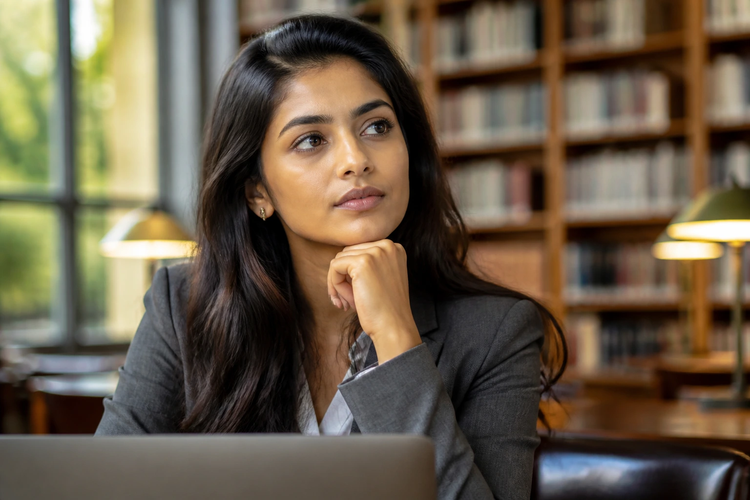 Close-up portrait of a professional immigrant woman contemplating options in a library.