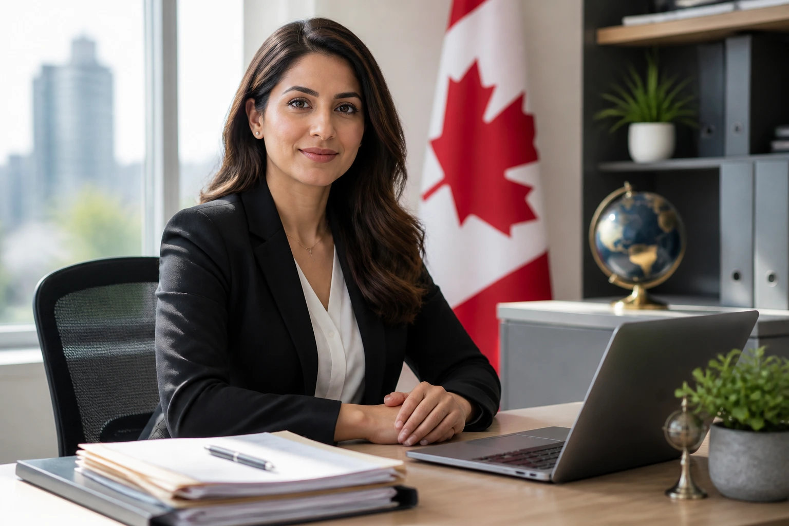 Profile portrait of an immigration consultant in a modern office