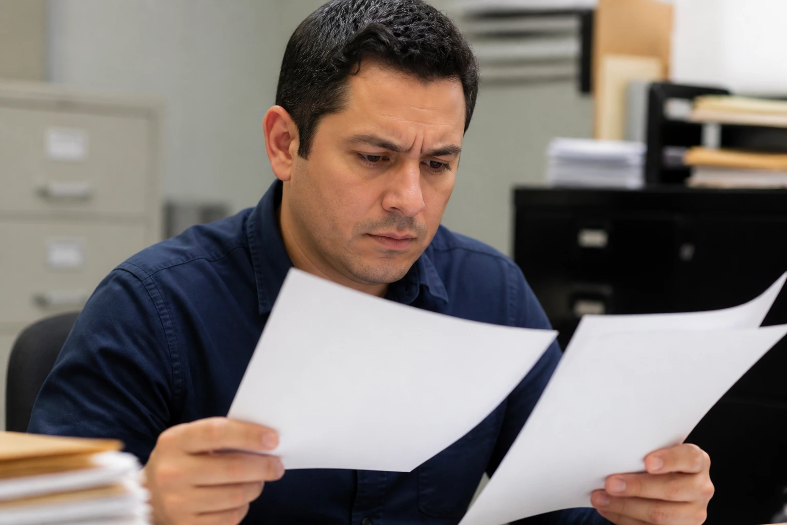 Worker at a desk reviewing papers with a focused expression