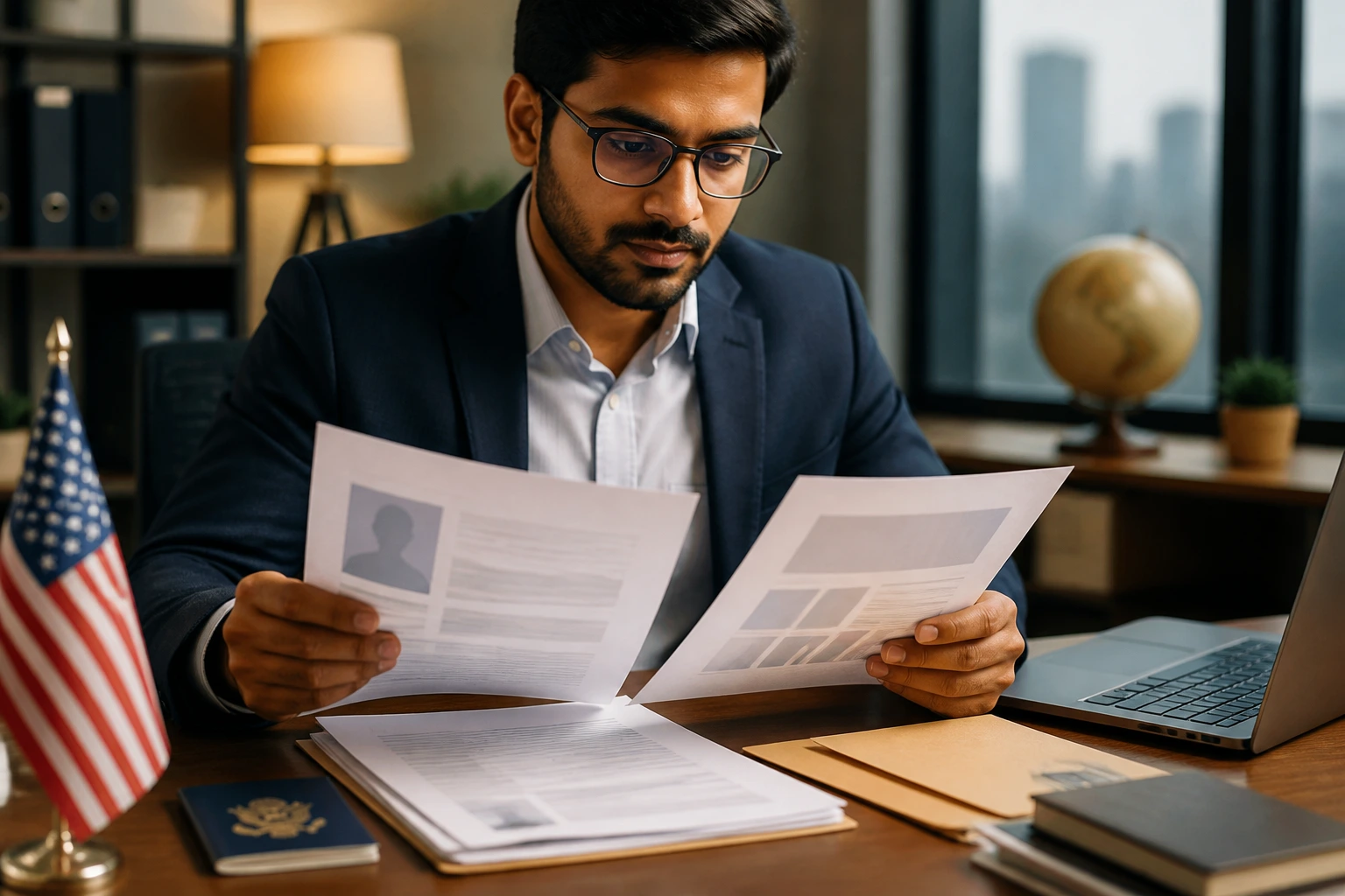 Professional handling immigration documents at a desk in an office.