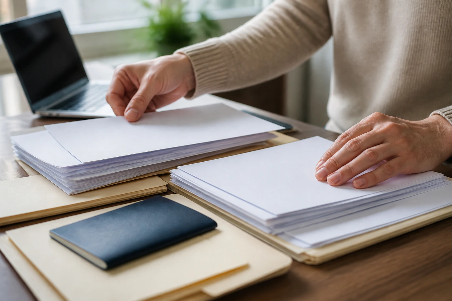 Close-up of hands sorting blank immigration documents and passport silhouette on a desk