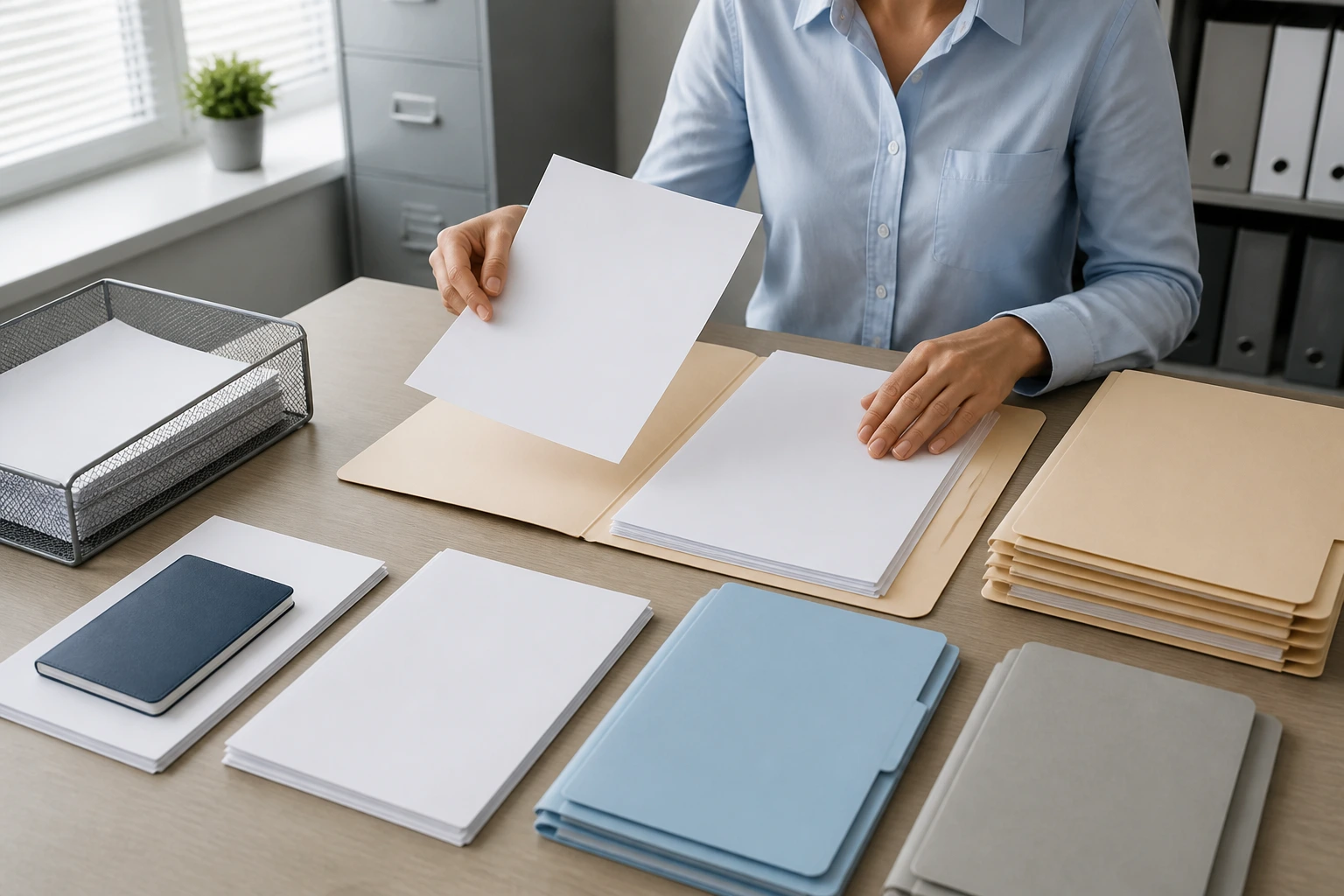 Hands organizing blank documents and folders on a desk.