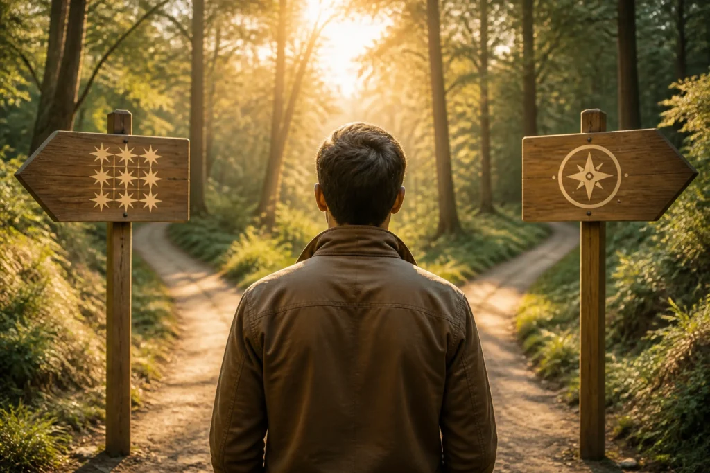 Person at fork in forest path with two signposts symbolizing two immigration routes