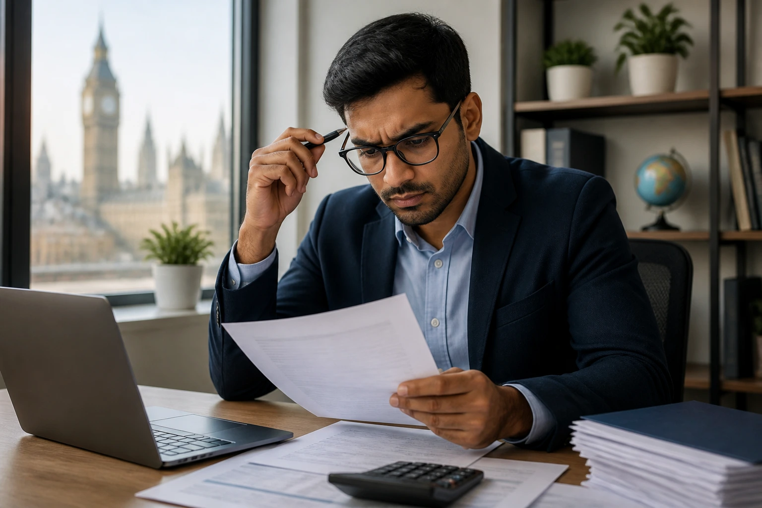 Professional reviewing documents about immigration fees at a office desk