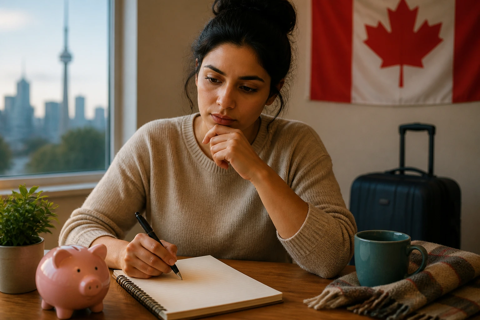 Person planning immigration finances with a blank notebook