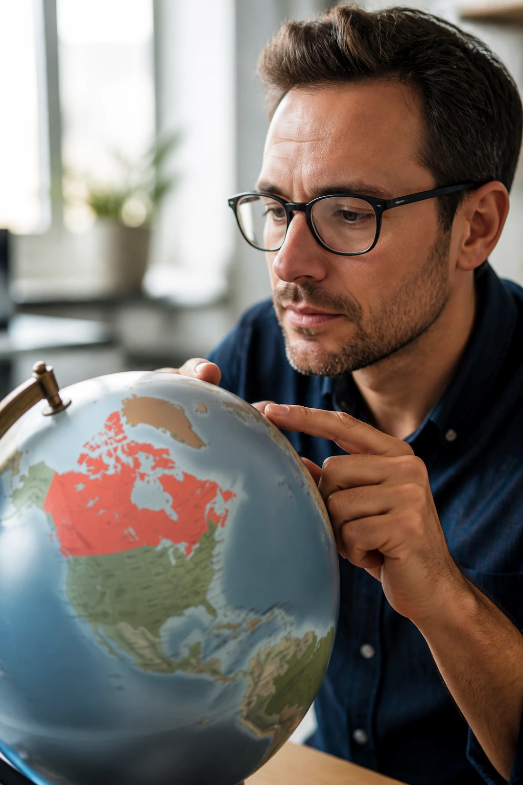 Close-up portrait of a person studying a globe highlighting Canada.