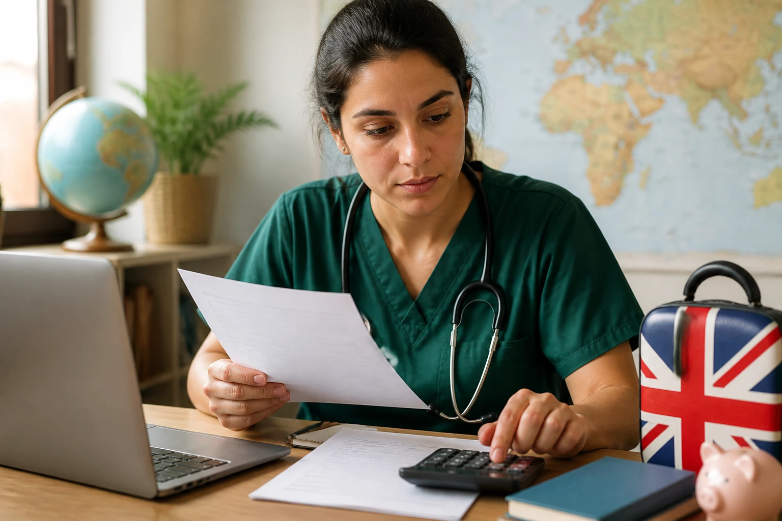 Portrait of a person considering immigration health surcharge at home office