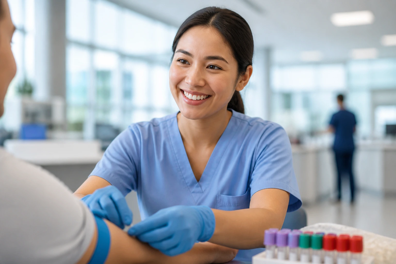 Phlebotomist in bright hospital lobby, Canadian work experience