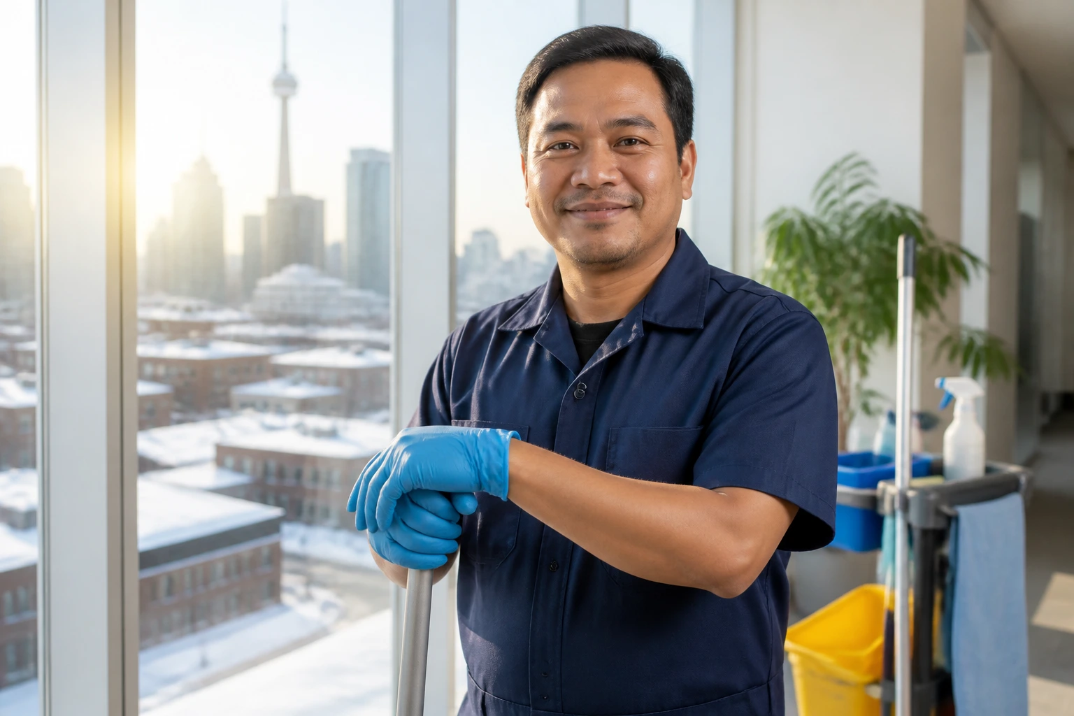 Portrait of a migrant janitorial worker in a bright office with snowy city outside
