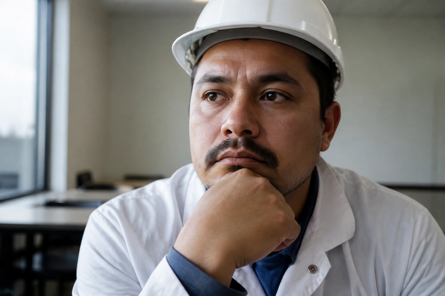 Thoughtful worker in a quiet office reflecting on the process