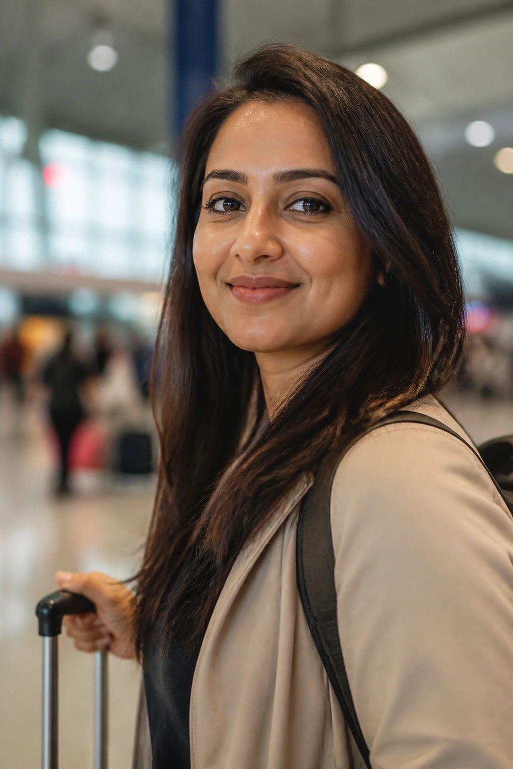 Portrait of a real person with a hopeful smile, airport background symbolizing the immigration journey