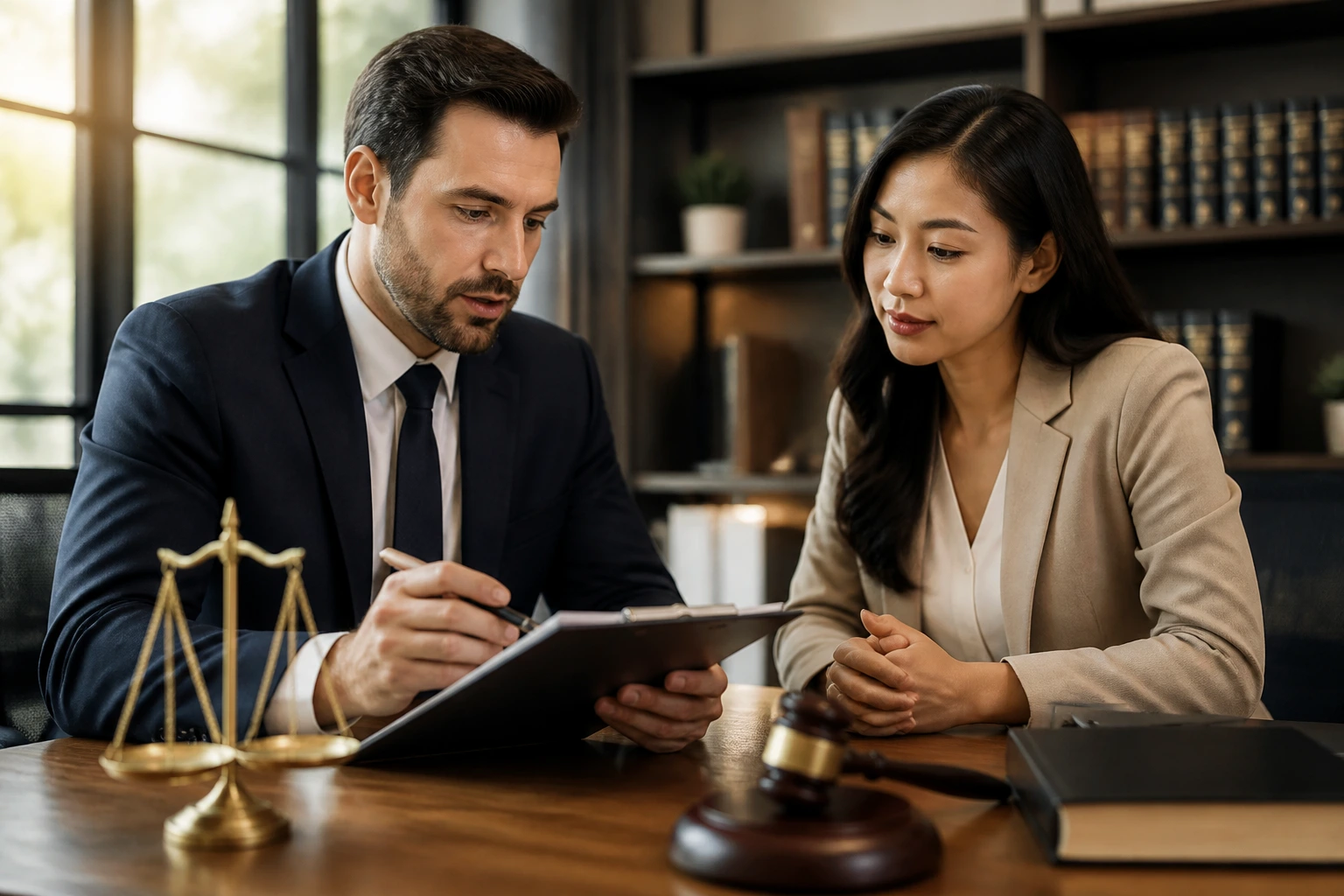 Portrait of two immigration professionals highlighting lawyer vs consultant roles in an office