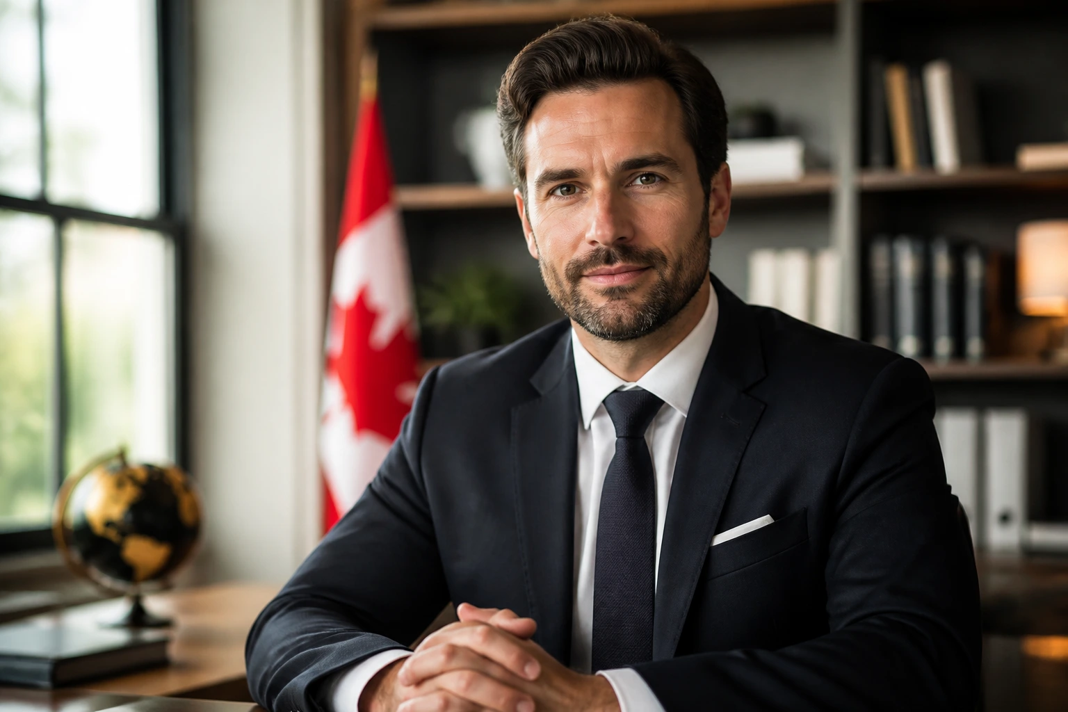 Close-up portrait of an immigration lawyer in a suit in a warm office setting.