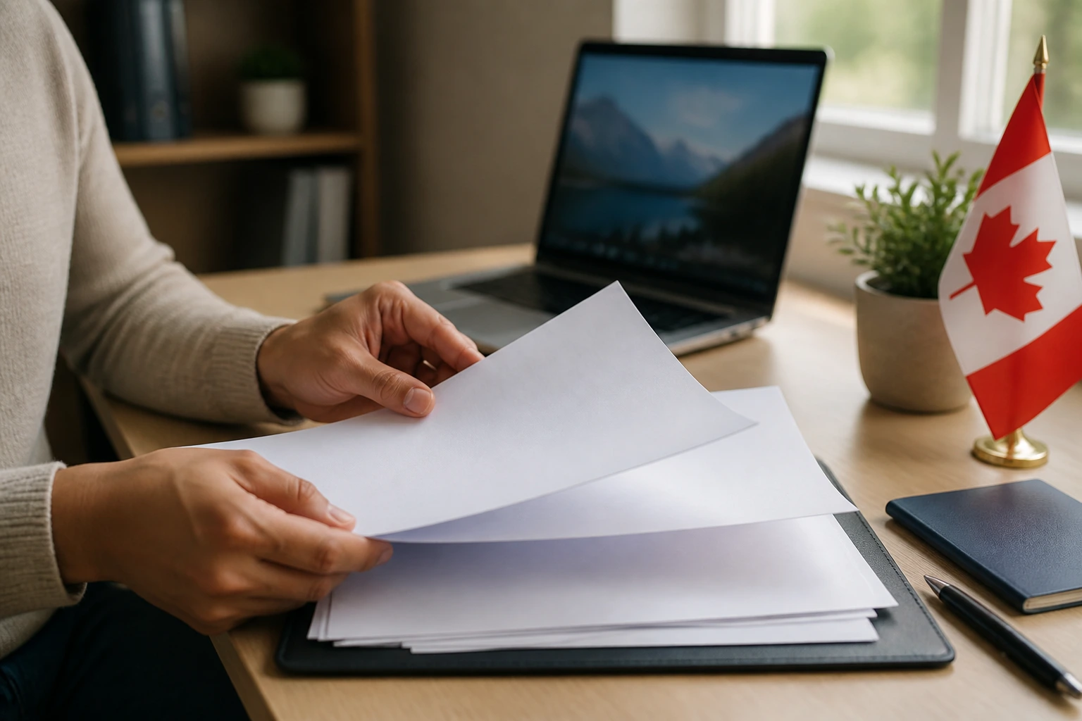 Close-up of hands organizing blank documents to maintain legal status during transition to permanent residence
