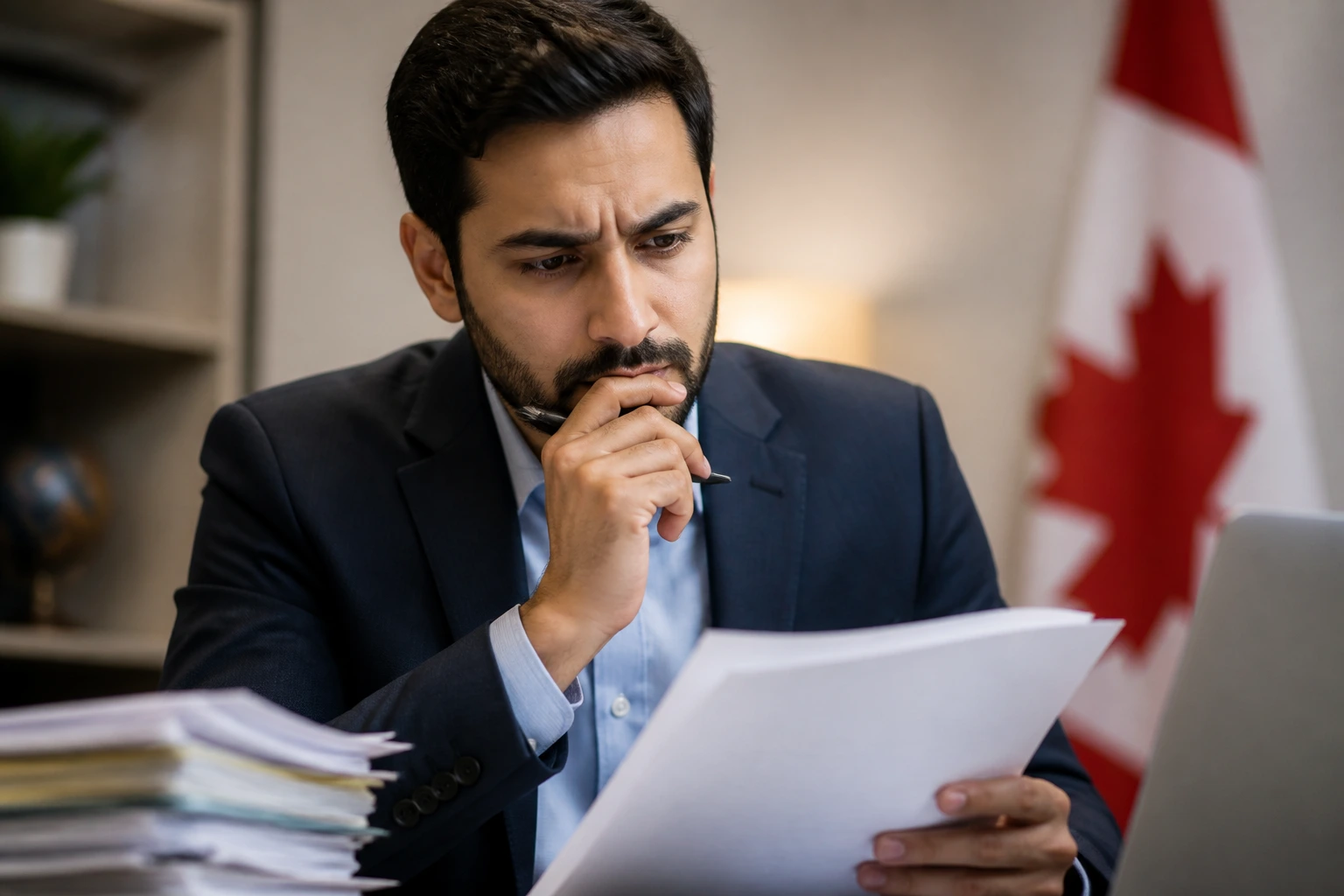 Close-up of a professional contemplating common immigration application mistakes in an office