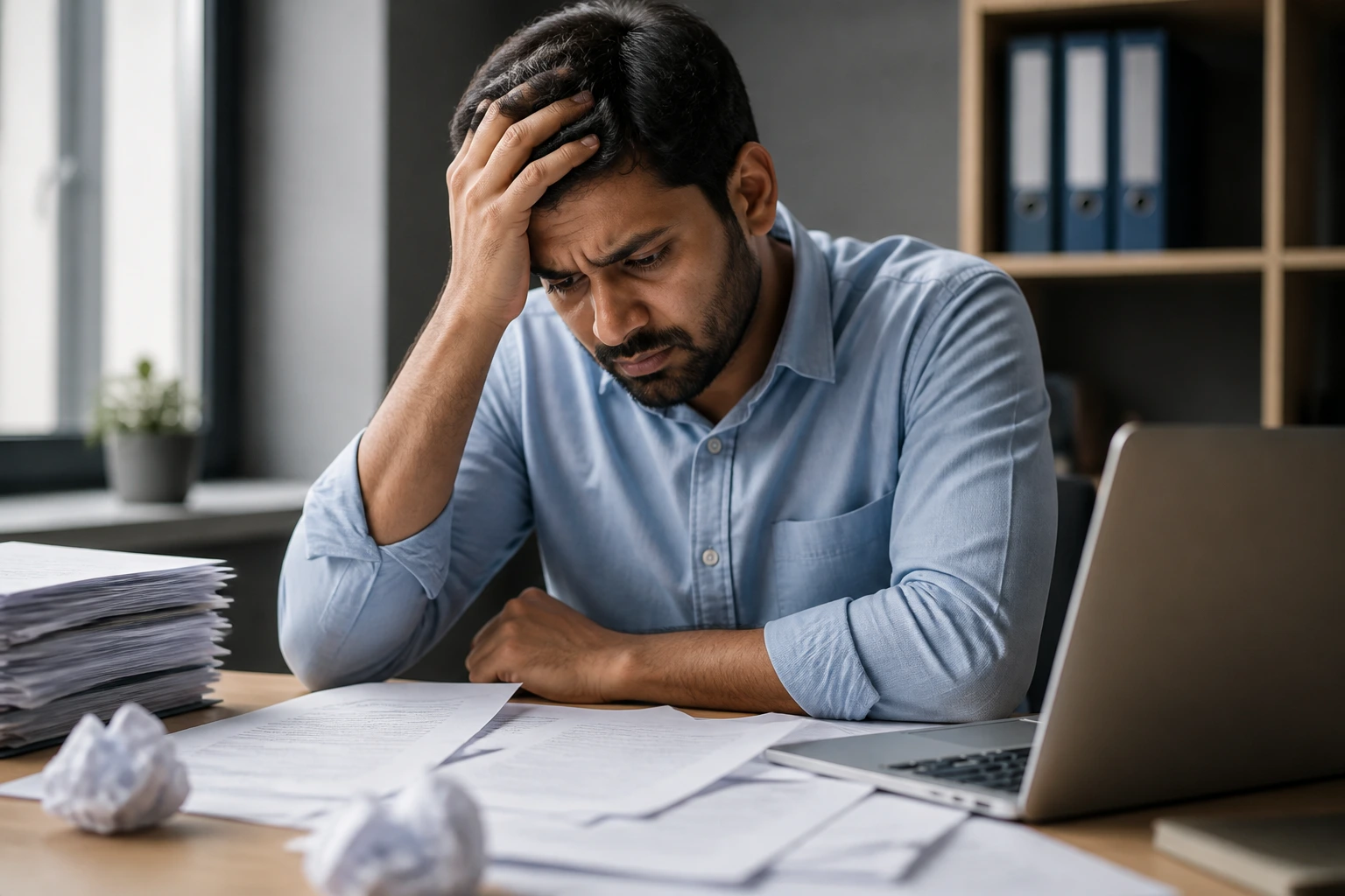 Person with a worried expression at a desk with scattered papers, illustrating common application mistakes.