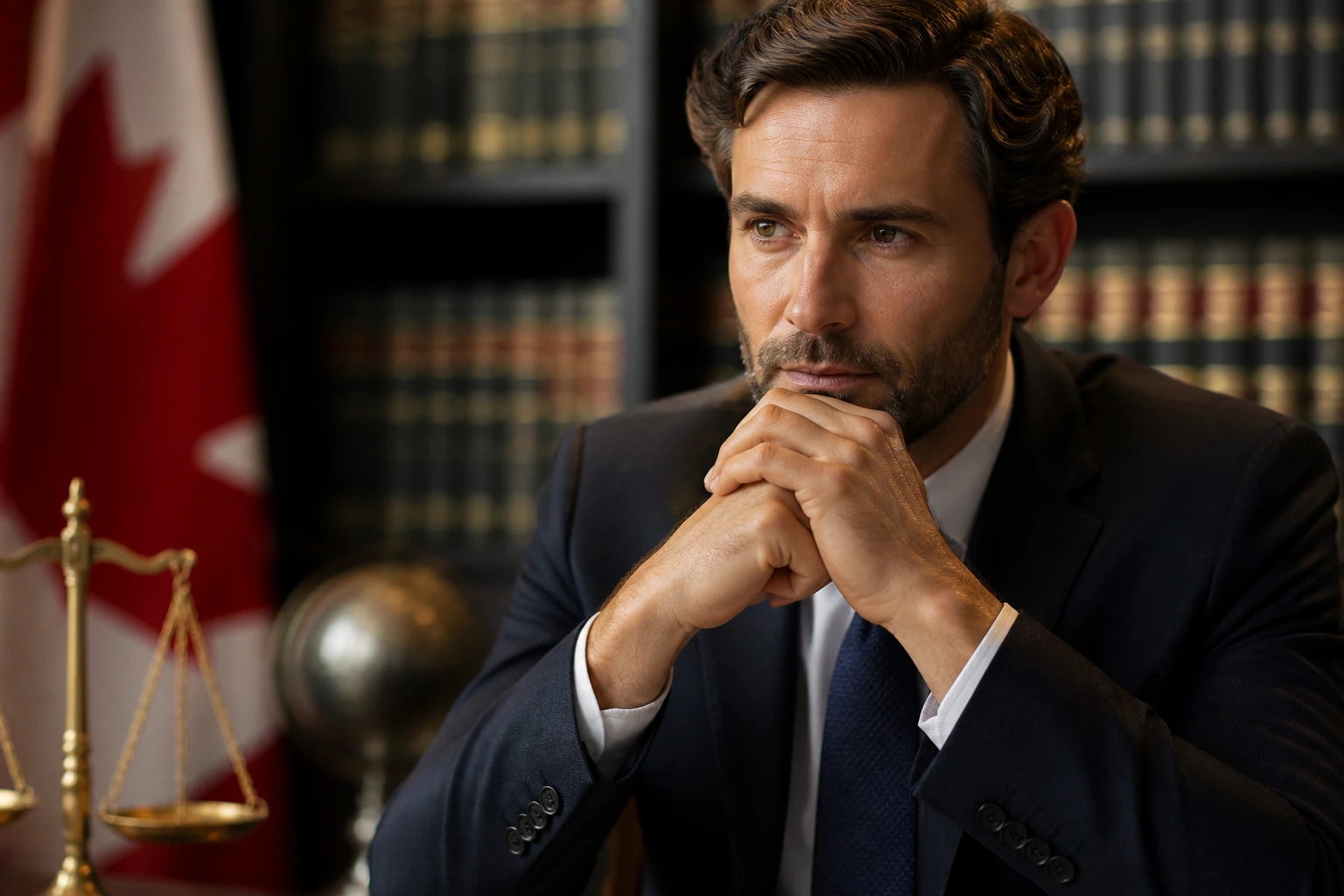 Immigration lawyer focused, with a background of a law library
