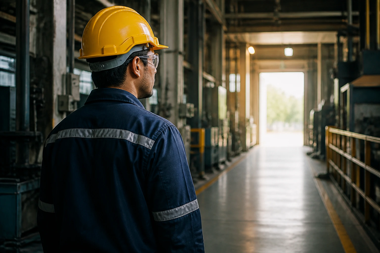 Factory worker contemplating long-term stay in Canada on a bright industrial corridor