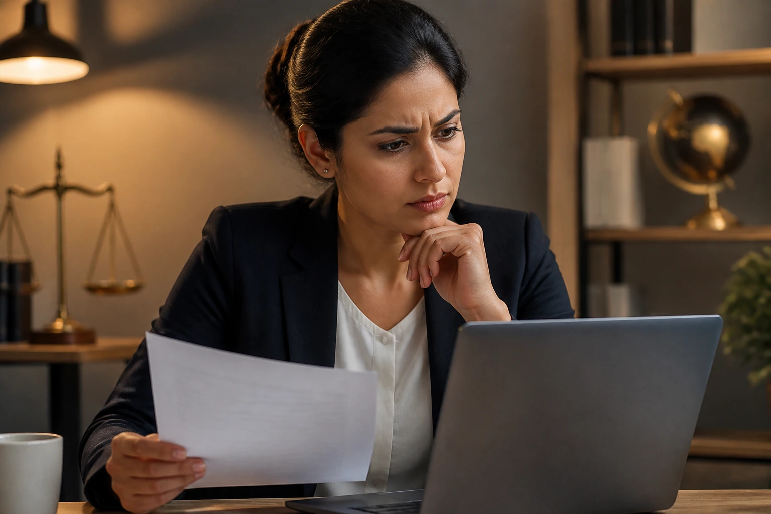 Professional in home office looking wary while reviewing immigration documents