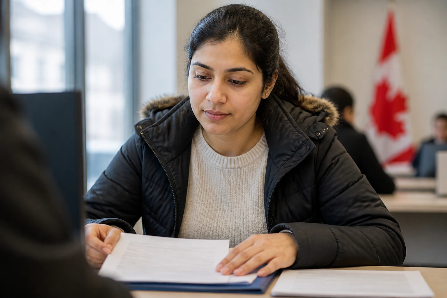 Close-up portrait of a newcomer reviewing Canadian immigration paperwork in a settlement office