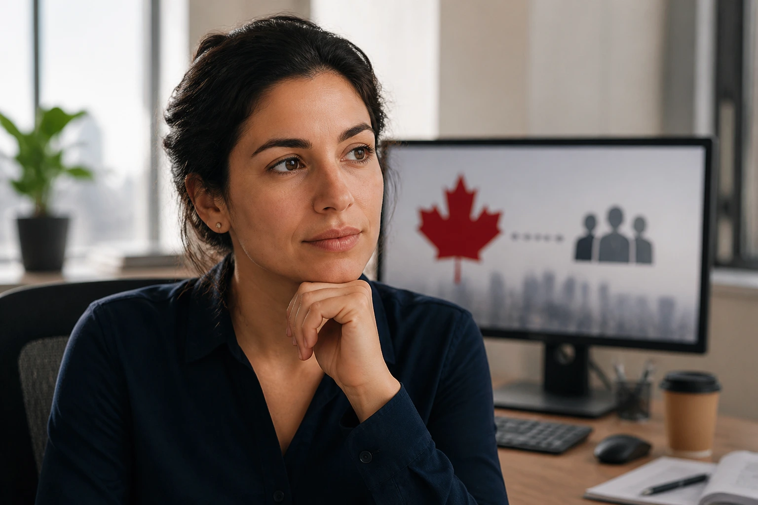 Close-up portrait of a real person in an office contemplating sponsorship vs citizenship