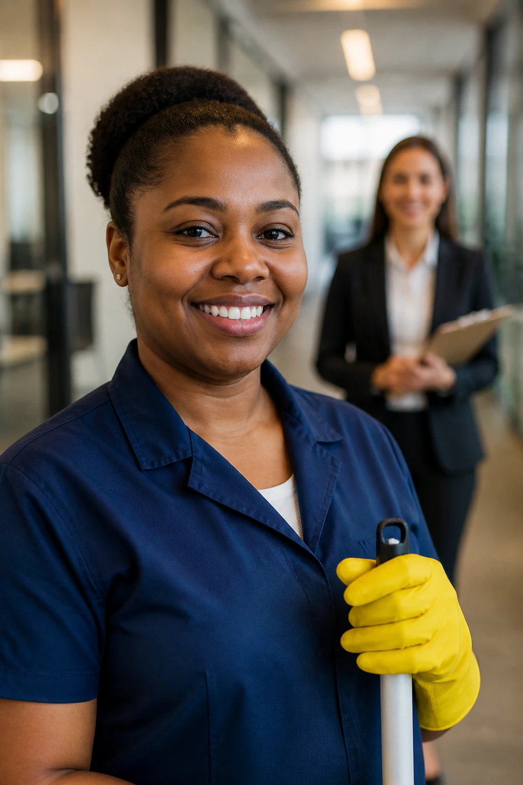 Cleaner in uniform with blurred recruiter in modern office suggesting sponsorship