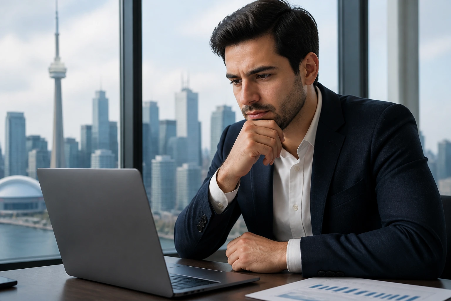 Thoughtful professional evaluating immigration options in a modern office