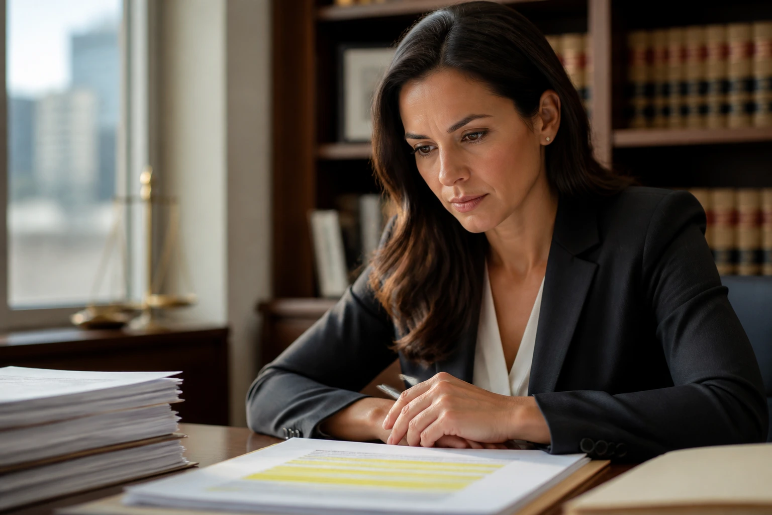Close-up of a lawyer reviewing submission strategy in a modern law office