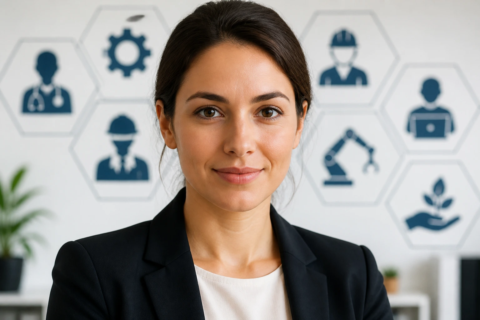 Portrait of a professional highlighting high-demand occupations via icon wall
