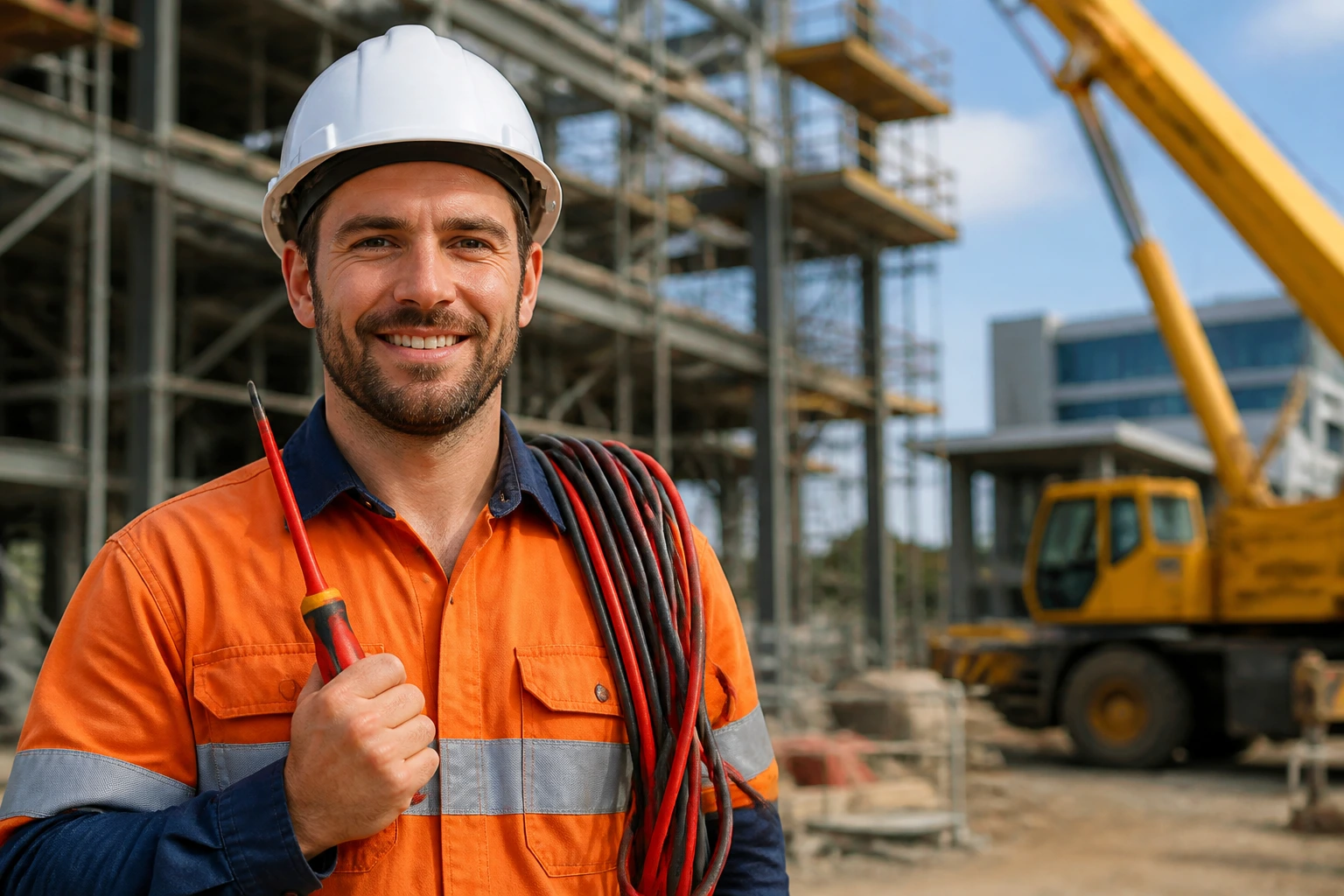 Close-up portrait of an electrician on a construction site