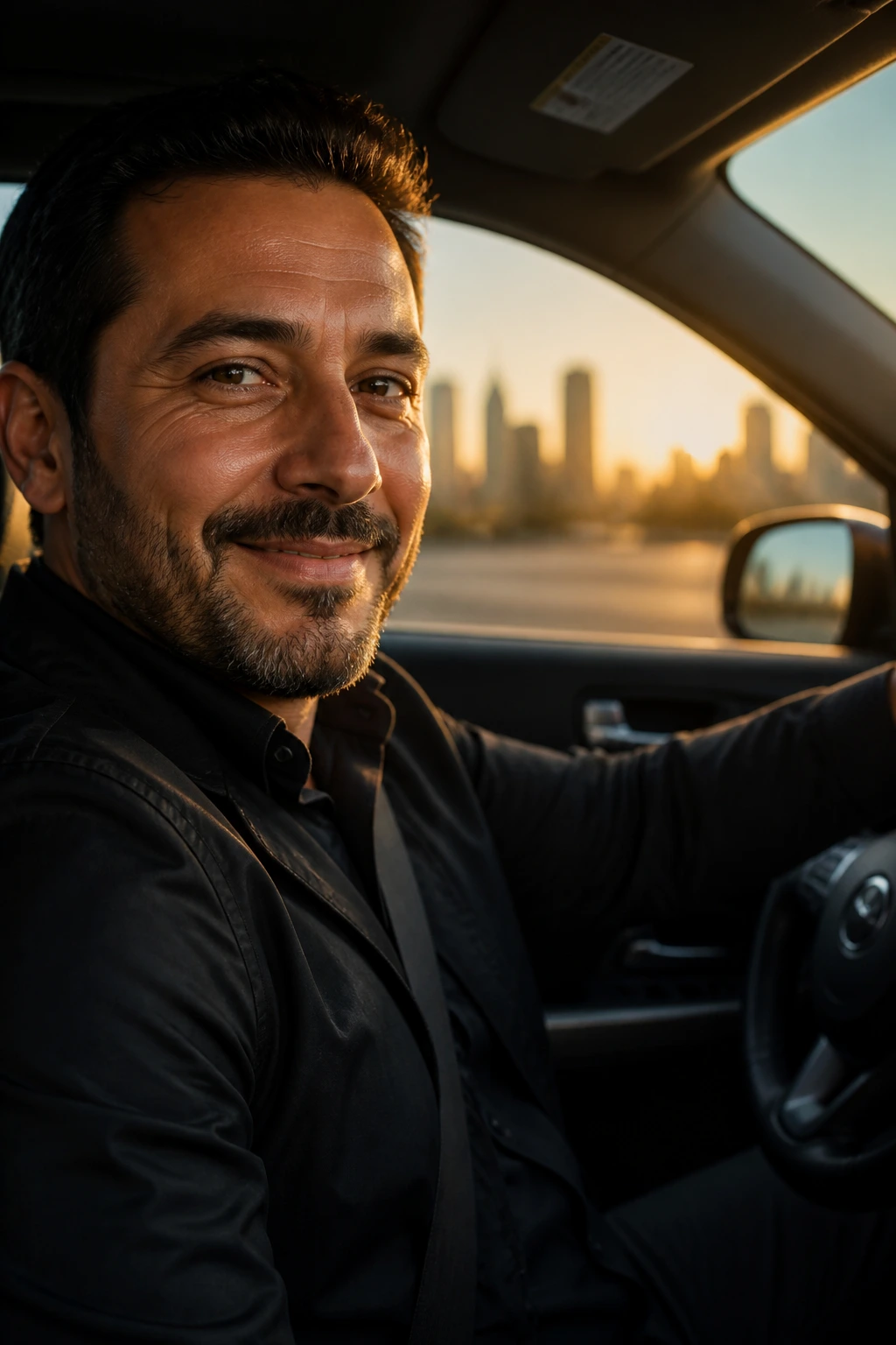 Close-up portrait of a rideshare driver behind the wheel with city skyline