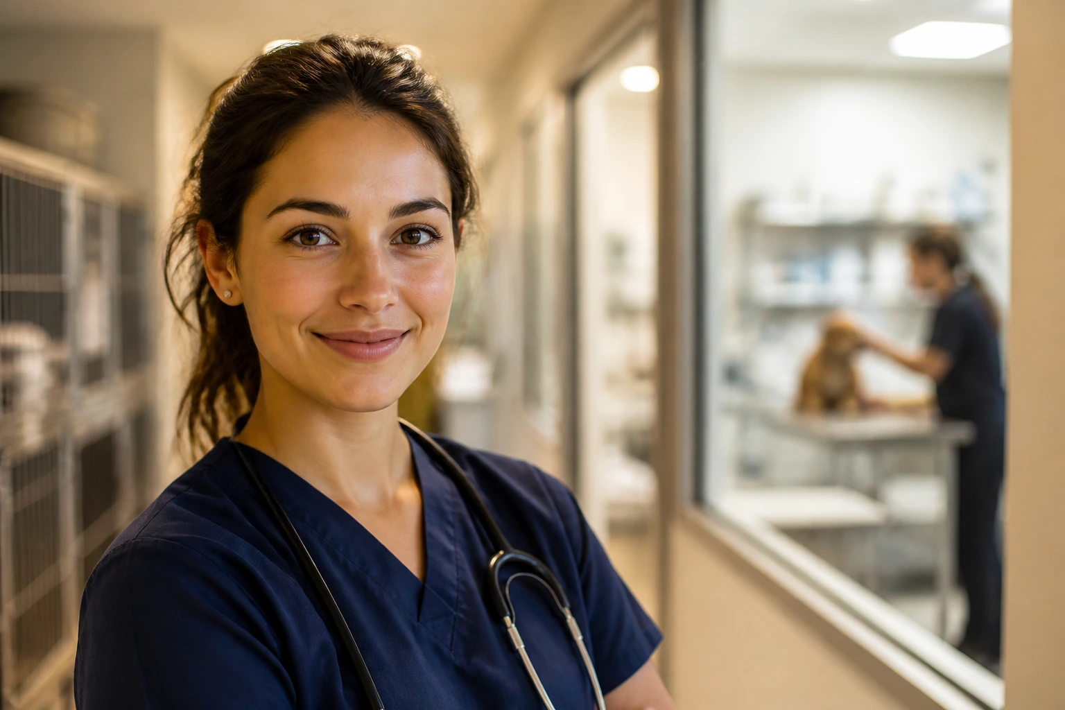 Close-up portrait of a veterinary surgeon in a clinic corridor, illustrating choice between independent and corporate practice.