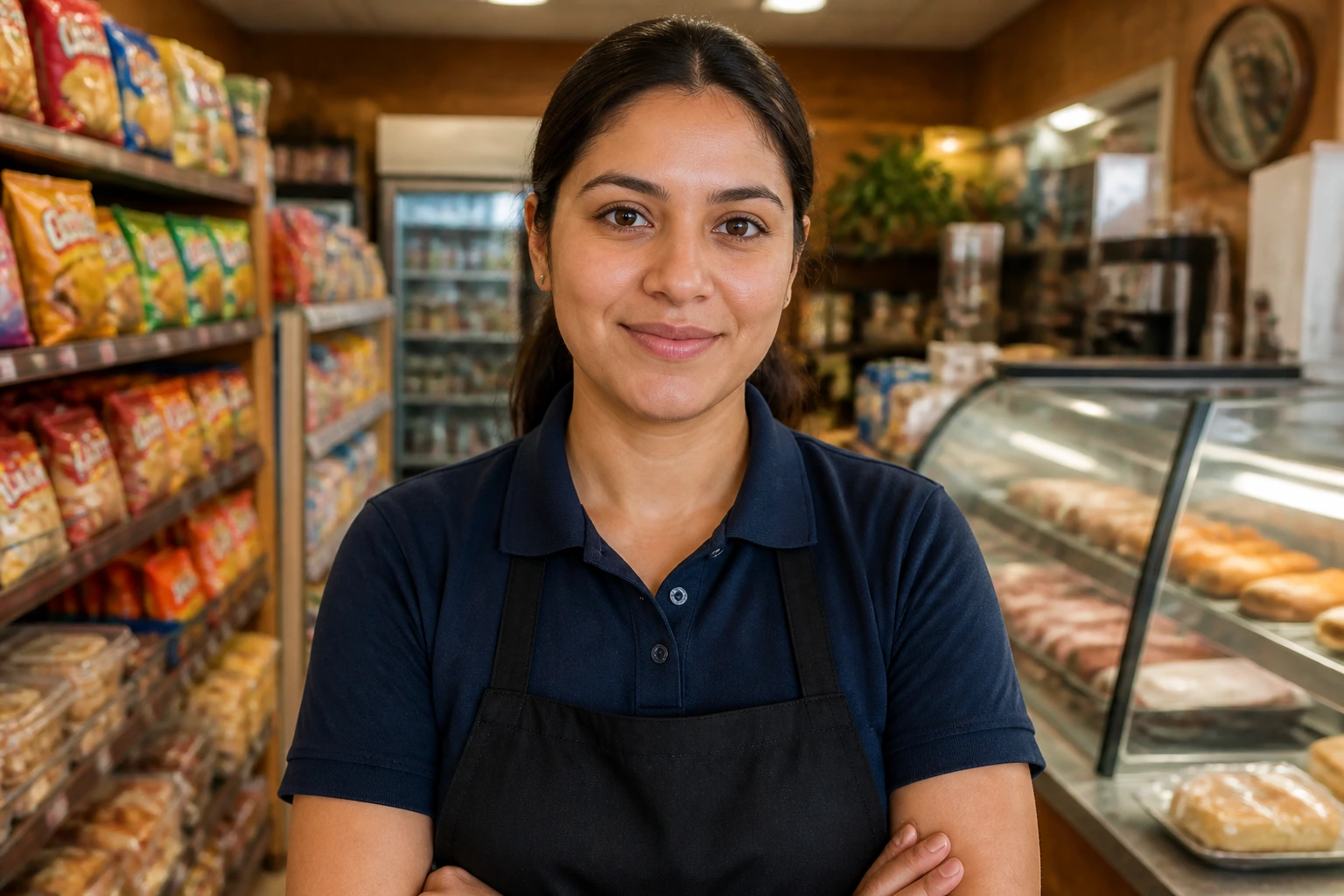 Portrait of a store worker in a plain uniform inside an independent convenience store