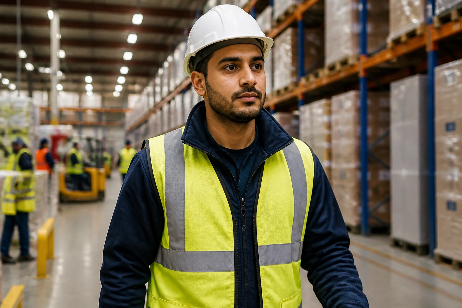 New sponsored worker in PPE walking through a British distribution centre during induction week.