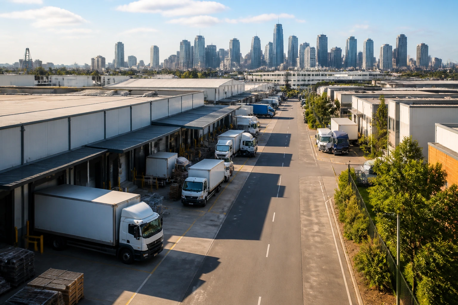 Industrial corridor with warehouses and trucks, no people