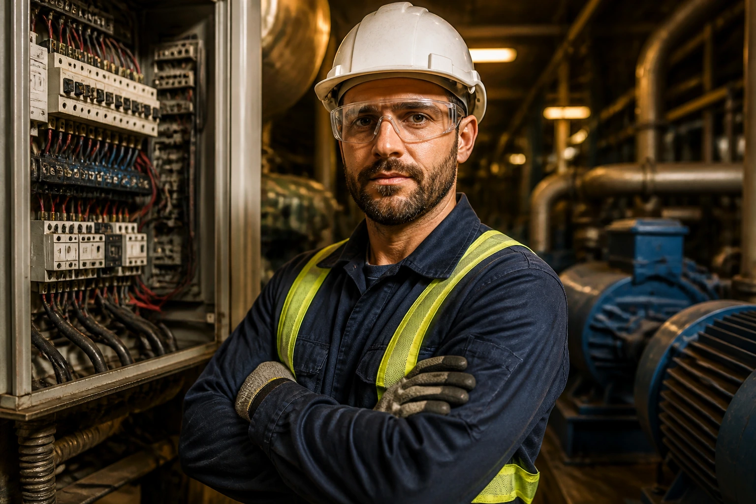 Industrial electrician portrait in factory setting