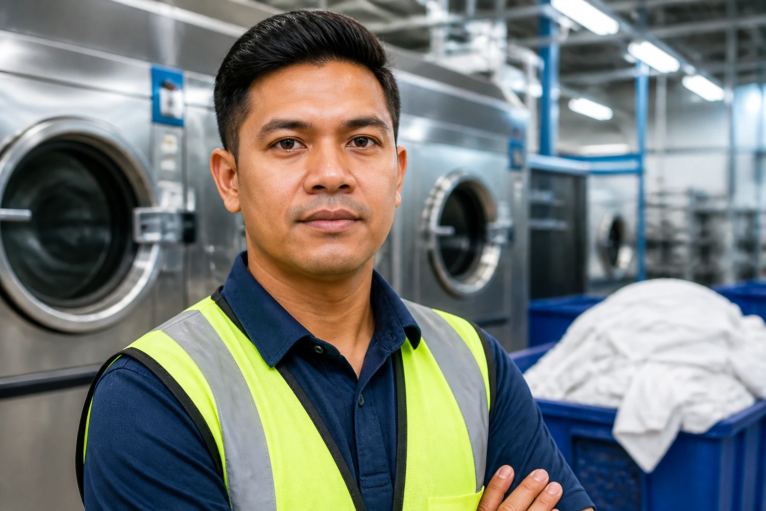 Close-up portrait of a laundry worker in safety gear in a busy facility