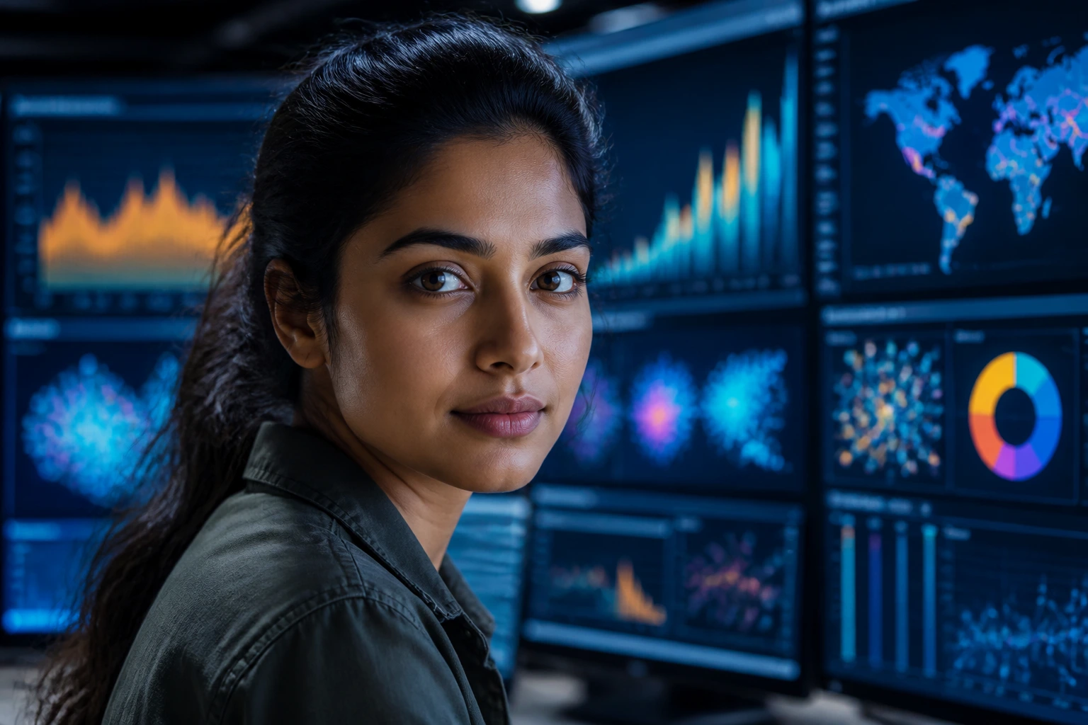 Data scientist in analytics lab with abstract data visuals in background.