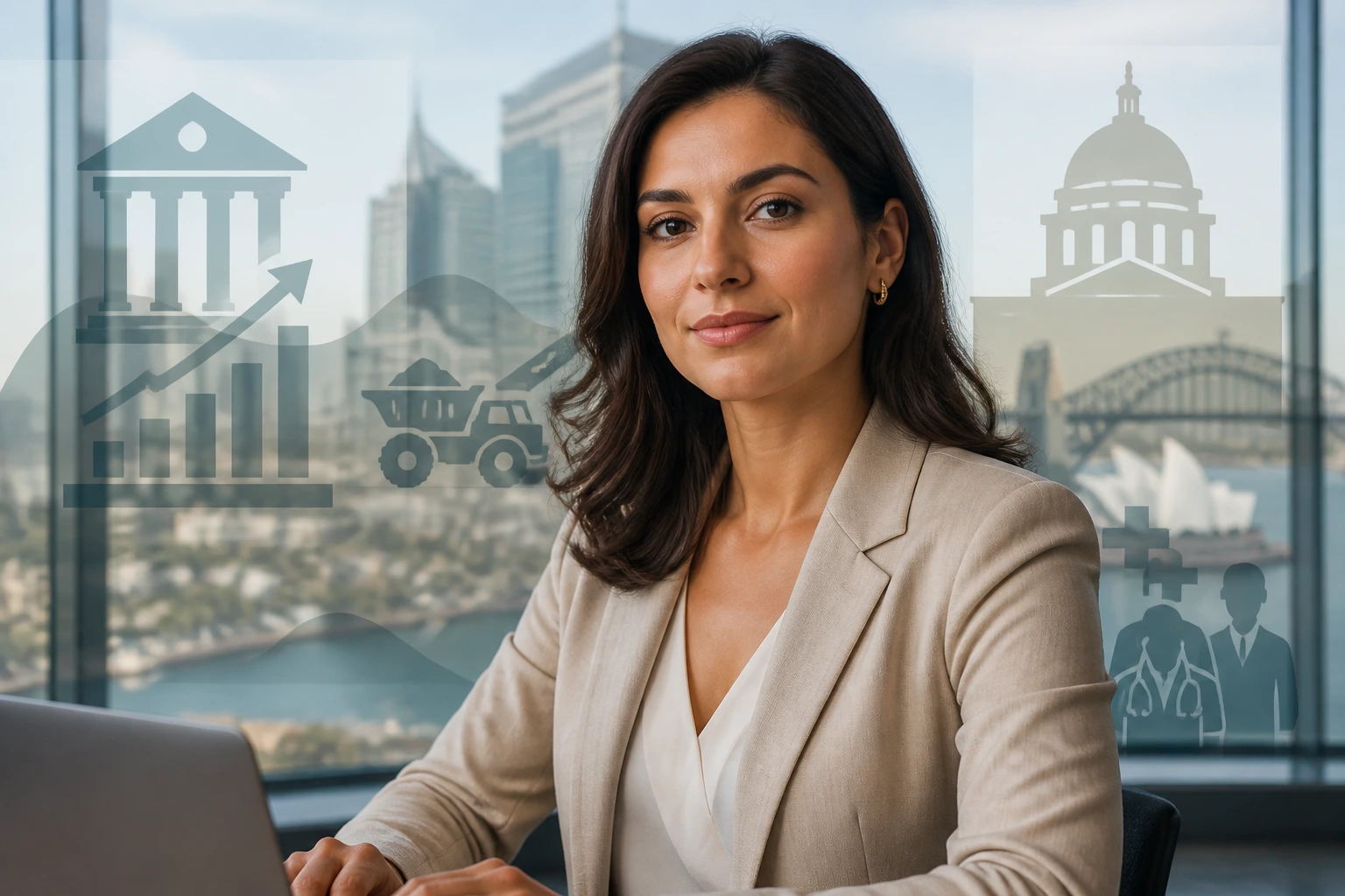 Portrait of AI professional with city skyline and abstract industry silhouettes behind.