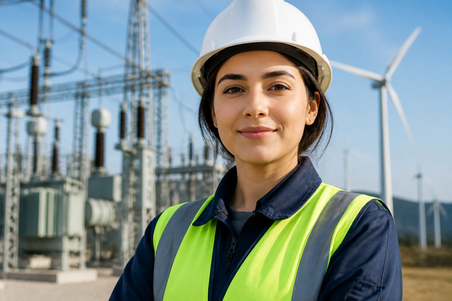 Female electrical engineer in safety gear in an industrial setting, highlighting target industries