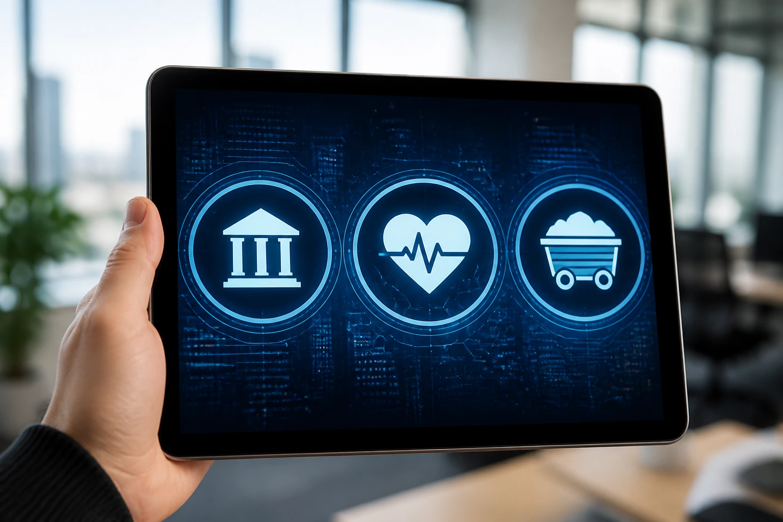 Close-up of a hand holding a tablet displaying industry icons representing active hiring sectors in Australia.
