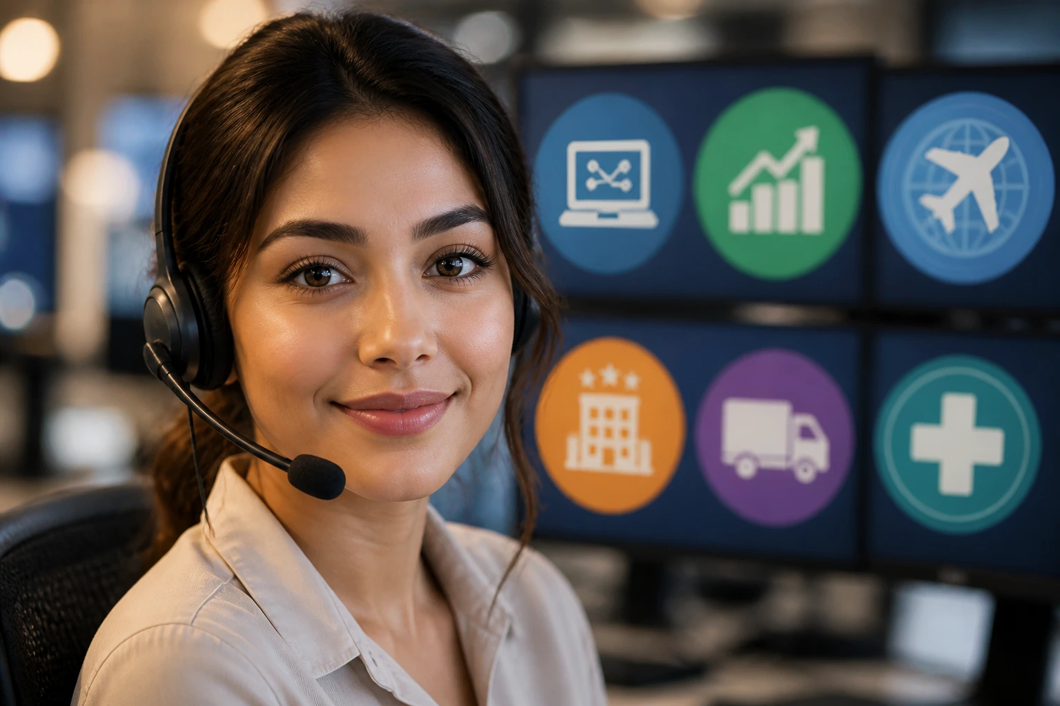 Close-up portrait of a professional in an office with abstract industry icons in the blurred background.