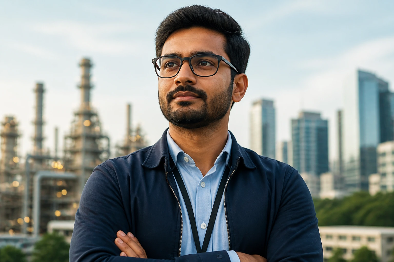 Close-up of an IT professional with a blurred industrial background symbolizing industry-led location decisions